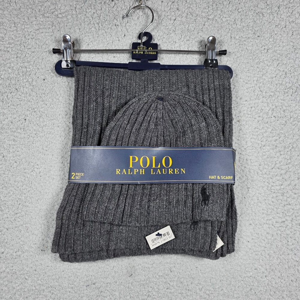 Polo Ralph Lauren Mens Wool Scarf Beanie 2 Piece Set Charcoal New Ribbed Pony